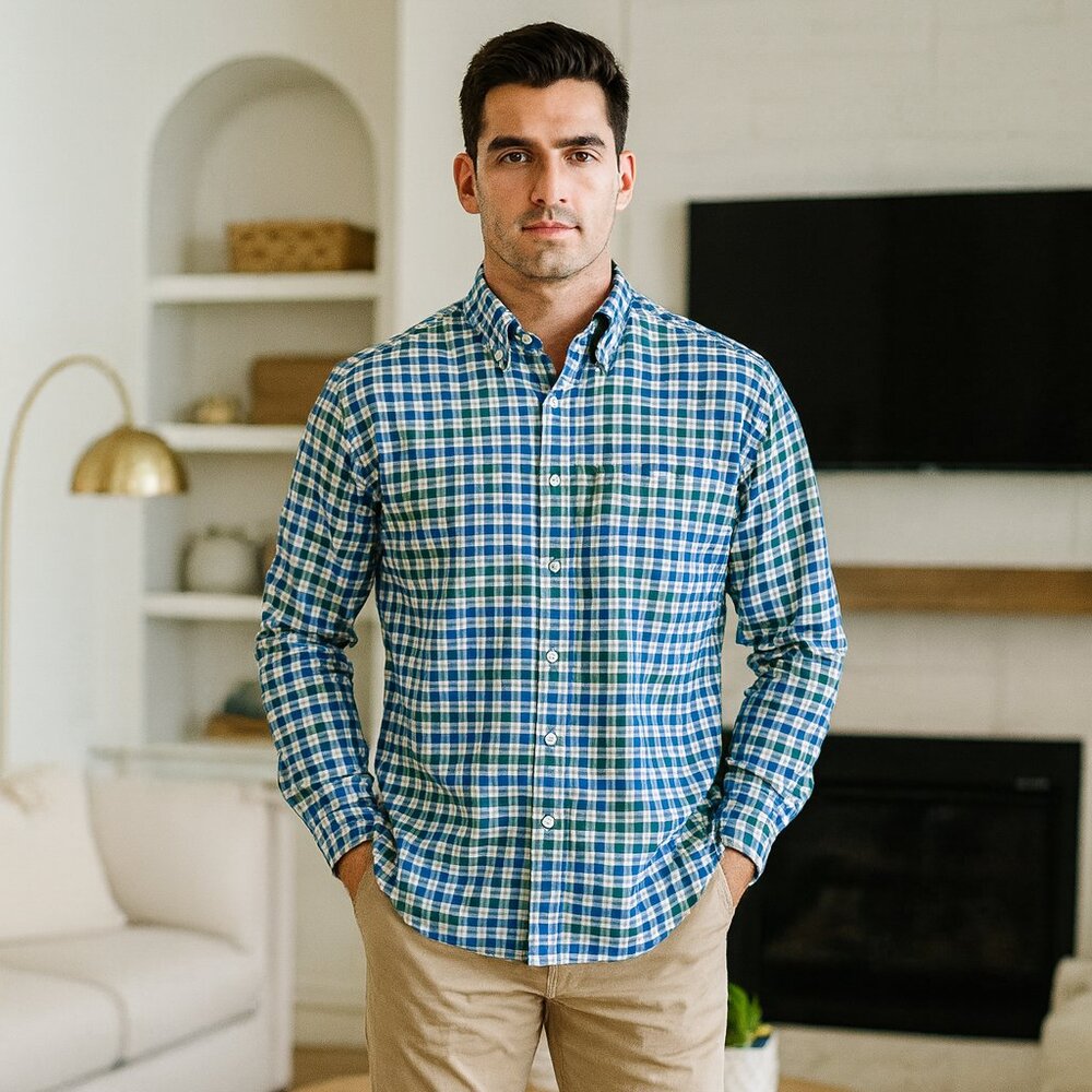 Vineyard Vines Shirt Men M Blue Check Flannel Whale Slim Button Work Chore Y2K